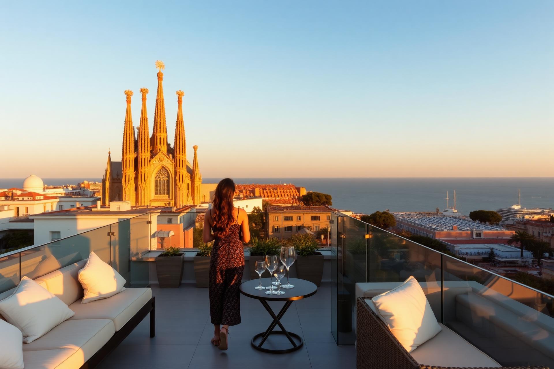 Vista de Barcelona desde rooftop al atardecer